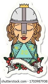 sticker of a human fighter with natural twenty dice roll