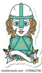 sticker of a human fighter with natural twenty dice roll