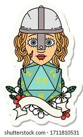 sticker of a human fighter with natural twenty dice roll