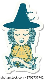 sticker of a human mage with natural 20 D20 dice roll