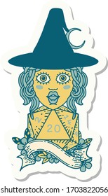 sticker of a human mage with natural 20 D20 dice roll