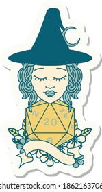 sticker of a human mage with natural twenty dice roll