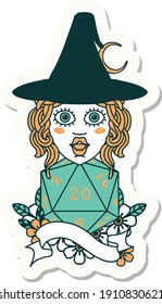 sticker of a human mage with natural twenty dice roll