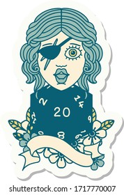 sticker of a human rogue with natural 20 dice roll