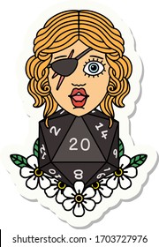 sticker of a human rogue with natural twenty dice roll