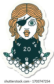 sticker of a human rogue with natural twenty dice roll