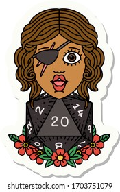 sticker of a human rogue with natural twenty dice roll