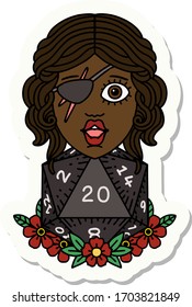 sticker of a human rogue with natural twenty dice roll