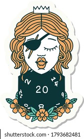 sticker of a human rogue with natural twenty dice roll