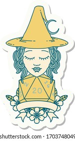 sticker of a human witch with natural twenty dice roll