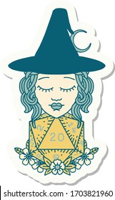 sticker of a human witch with natural twenty dice roll