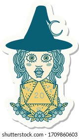 sticker of a human witch with natural twenty dice roll