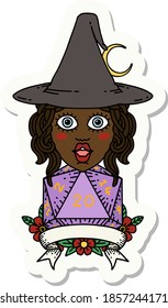 sticker of a human witch with natural twenty dice roll