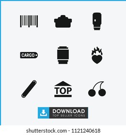 Sticker icon. collection of 9 sticker filled icons such as cherry, top of cargo box, bar code, heart in fire, bandage, camera lense. editable sticker icons for web and mobile.