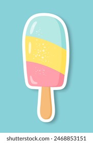 A sticker or icon of a popsicle on a blue background. Trendy pop art design of the 80s. Vector illustration.