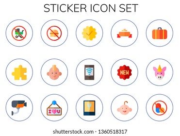 sticker icon set. 15 flat sticker icons.  Collection Of - no children, plugin, no food, punk, free wifi, banner, new, baggage, unicorn, security camera, i love you, foodie, baby boy