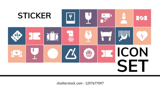  sticker icon set. 19 filled sticker icons. Simple modern icons about  - Foodie, Coupon, Banner, Fragile, Triangle, Sticker, Travel bag, Octopus, Barcode, Defibrillator, Security camera