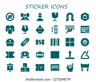  sticker icon set. 30 filled sticker icons. Simple modern icons about  - No food, Ribbon, Birthday boy, Fragile, Horseshoe, Shopping, Punk, Barber, Barcode, Music store, Bandage