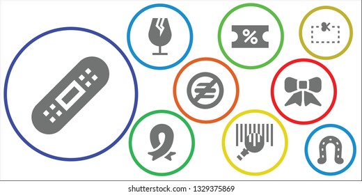 sticker icon set. 9 filled sticker icons.  Simple modern icons about  - Bandage, Fragile, Coupon, Ribbon, Barcode, No food, Horseshoe
