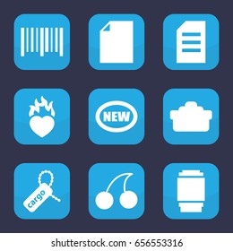 Sticker icon. set of 9 filled sticker icons such as cherry, cargo tag, bar code, heart in fire, camera lense, new