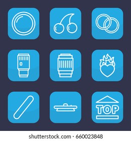 Sticker icon. set of 9 outline sticker icons such as cherry, top of cargo box, heart in fire, bandage