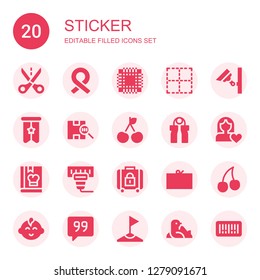 sticker icon set. Collection of 20 filled sticker icons included Cut, Ribbon, Patch, No border, Security camera, Banner, Barcode, Cherry, Grip, Women rights, Cook, Baggage, Coupon