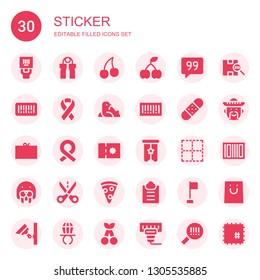 sticker icon set. Collection of 30 filled sticker icons included Barcode, Grip, Cherry, Quote, Ribbon, Seal, Bandage, Coupon, Banner, No border, Cut, Pizza slice, Guest list, Corner