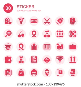 sticker icon set. Collection of 30 filled sticker icons included Women rights, Pizza slice, Barcode, Cut, Bandage, Cherry, Ribbon, Cottons, Mexican, Guest list, Nature, Patch