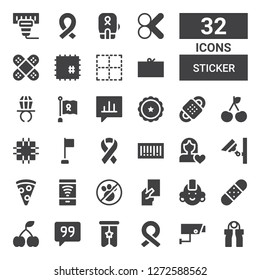 sticker icon set. Collection of 32 filled sticker icons included Grip, Security camera, Ribbon, Banner, Quote, Cherry, Bandage, Punk, Red card, No pets, Free wifi, Pizza slice