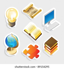 Sticker icon set for education and science.  Vector illustration.