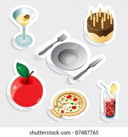 Sticker icon set for food and drinks.  Vector illustration.