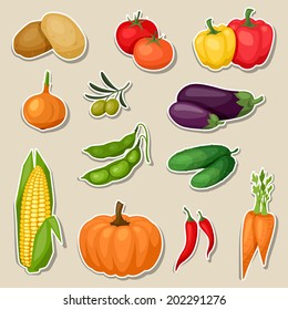 Sticker icon set of fresh ripe stylized vegetables.