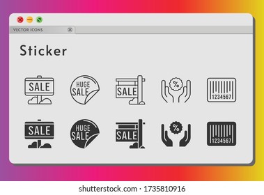 sticker icon set. included sale, discount, barcode icons on white background. linear, filled styles.