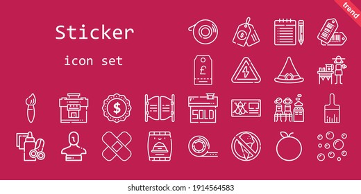sticker icon set. line icon style. sticker related icons such as brush, sold, pet food, note, suitcase, tangerine, paint brush, handcraft, statue, high voltage, lemonade, label, tags, patch