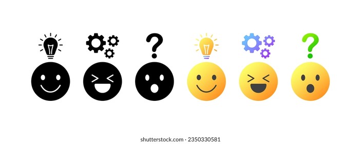 Sticker icons. Different styles, smiling emoji, idea emoji, bewilderment emoji. Vector icons