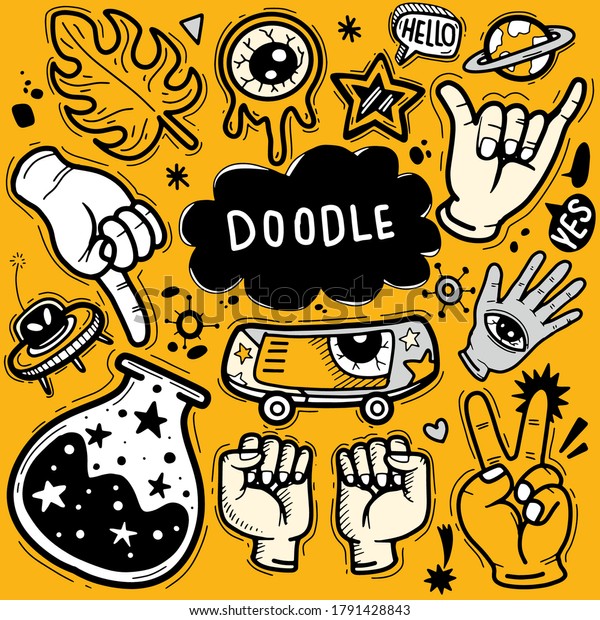 Sticker Icons Hand Drawn Doodle Hand Stock Vector (Royalty Free) 1791428843