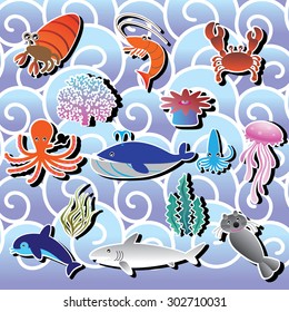 Sticker icons sea animals on the ocean waves background. In vector style.