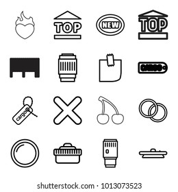 Sticker icons. set of 16 editable outline sticker icons such as new, cargo tag, top of cargo box, glued note, cross, camera lense, cherry, bar code