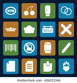 Sticker icons set. set of 16 sticker filled icons such as no laptop, cherry, bar code, heart on fire, bandage, glued note, cross, camera lense, sold tag, new