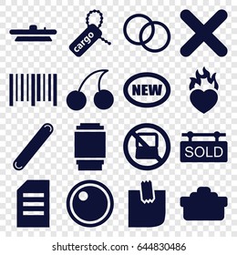 Sticker icons set. set of 16 sticker filled icons such as no laptop, cherry, cargo tag, bar code, heart in fire, bandage, glued note, cross, camera lense, sold tag, new