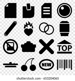 Sticker icons set. set of 16 sticker filled icons such as no laptop, cherry, top of cargo box, bar code, heart in fire, bandage, glued note, cross, camera lense, new