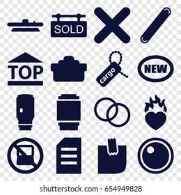 Sticker icons set. set of 16 sticker filled icons such as no laptop, cargo tag, top of cargo box, heart in fire, bandage, glued note, cross, camera lense, sold tag, new