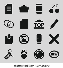 Sticker icons set. set of 16 sticker filled icons such as no laptop, cherry, cargo tag, top of cargo box, heart in fire, bandage, glued note, cross, camera lense, new