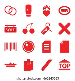 Sticker icons set. set of 16 sticker filled icons such as cherry, cargo tag, top of cargo box, bar code, heart in fire, bandage, glued note, cross, camera lense, sold tag, new