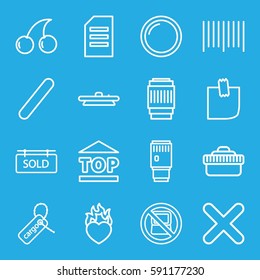 sticker icons set. Set of 16 sticker outline icons such as no laptop, Cherry, cargo tag, top of cargo box, bar code, heart in fire, bandage, glued note, cross, camera lense