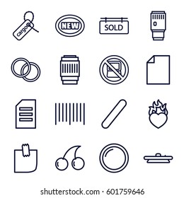 sticker icons set. Set of 16 sticker outline icons such as no laptop, Cherry, cargo tag, bar code, heart in fire, bandage, glued note, camera lense, sold tag, new