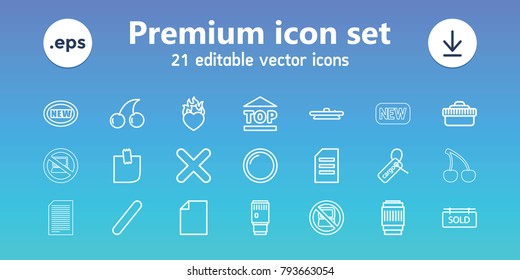 Sticker icons. set of 21 editable outline sticker icons includes no laptop, cherry, new, paper, cargo tag, top of cargo box, heart in fire, bandage, glued note, cross