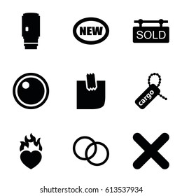 Sticker icons set. set of 9 sticker filled icons such as cargo tag, heart in fire, glued note, cross, camera lense, sold tag