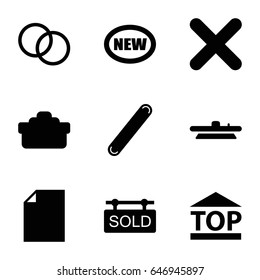 Sticker icons set. set of 9 sticker filled icons such as top of cargo box, bandage, cross, camera lense, sold tag, new