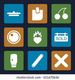 Sticker icons set. set of 9 sticker filled icons such as cherry, heart in fire, bandage, glued note, cross, camera lense